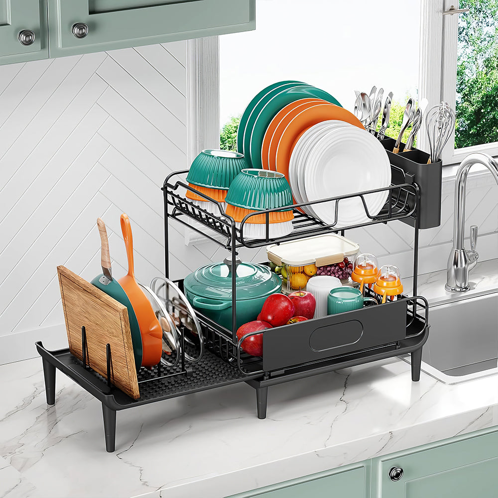 Extendable Dish Drying Rack with Drainboard & Utensil Holder