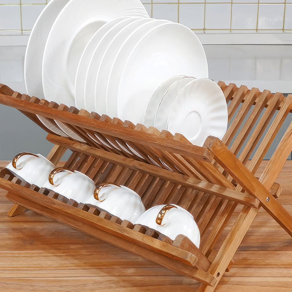 2-Tier Foldable Teak Dish Drying Rack, Collapsible Wooden Plate Organizer