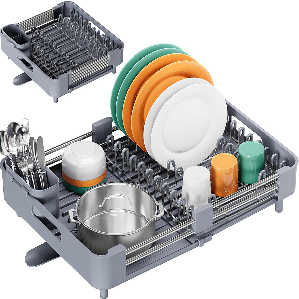 Extendable Dish Drying Rack with Drainboard & Cutlery Holder, Foldable Design