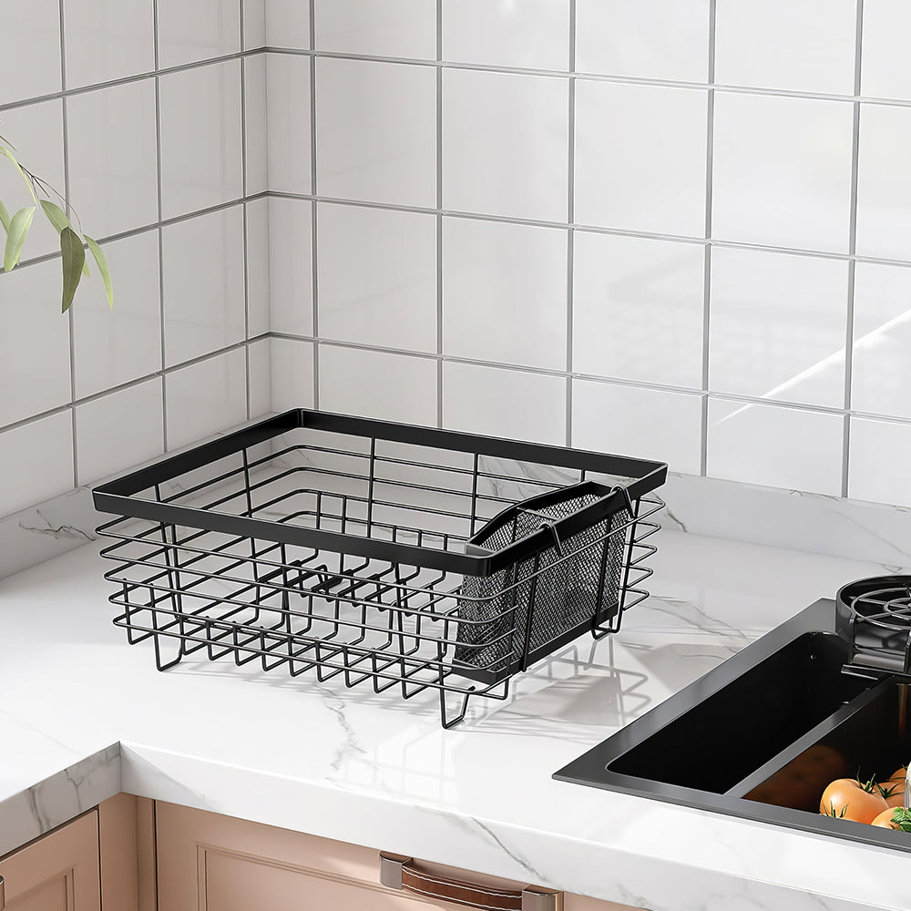 Metal Dish Drying Rack with Full-Mesh Utensil Holder, Compact Sink Drainer