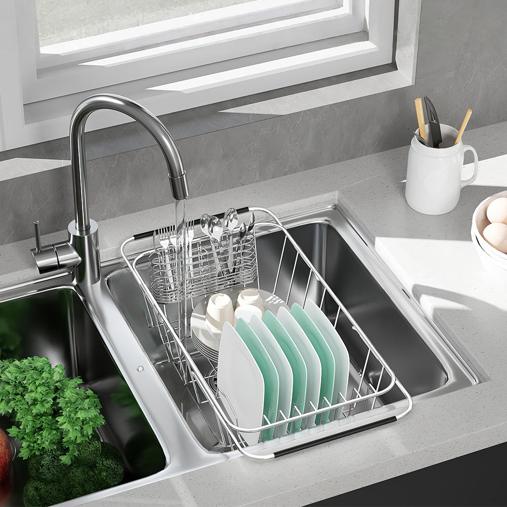 Adjustable Stainless Steel Over Sink Dish Drying Rack with Utensil Holder