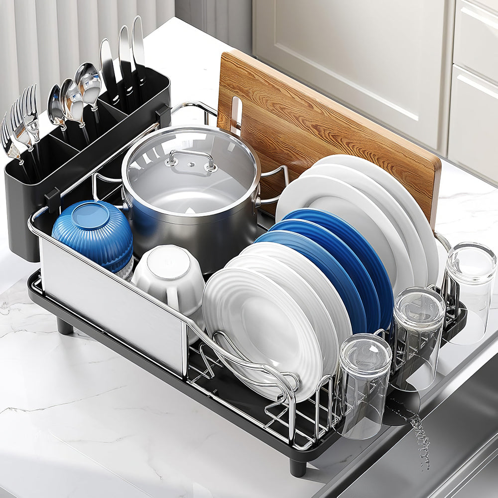 Stainless Steel Dish Drying Rack with Drainboard, Utensil Holder & Cup Shelf