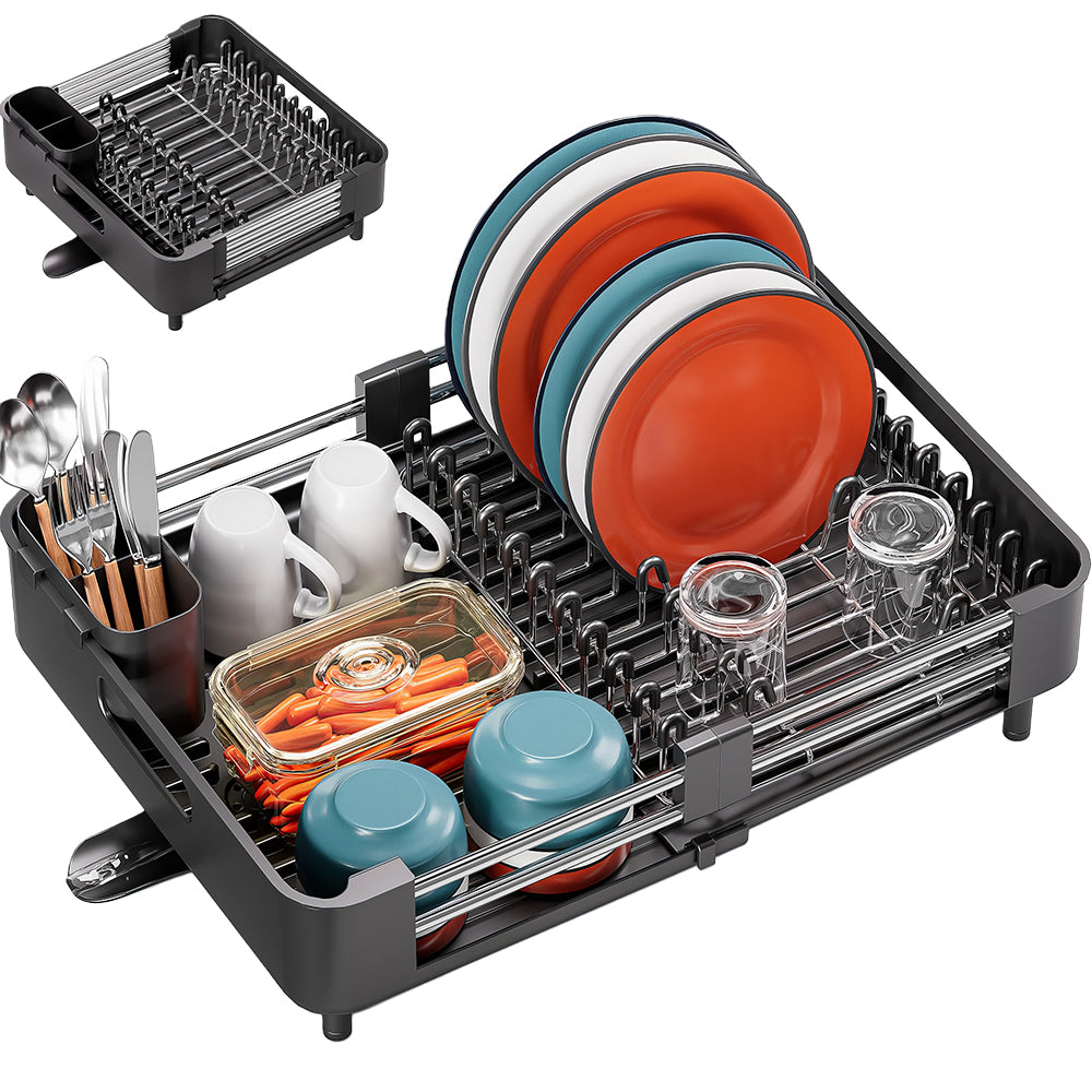 Extendable Dish Drying Rack with Drainboard & Cutlery Holder, Foldable Design
