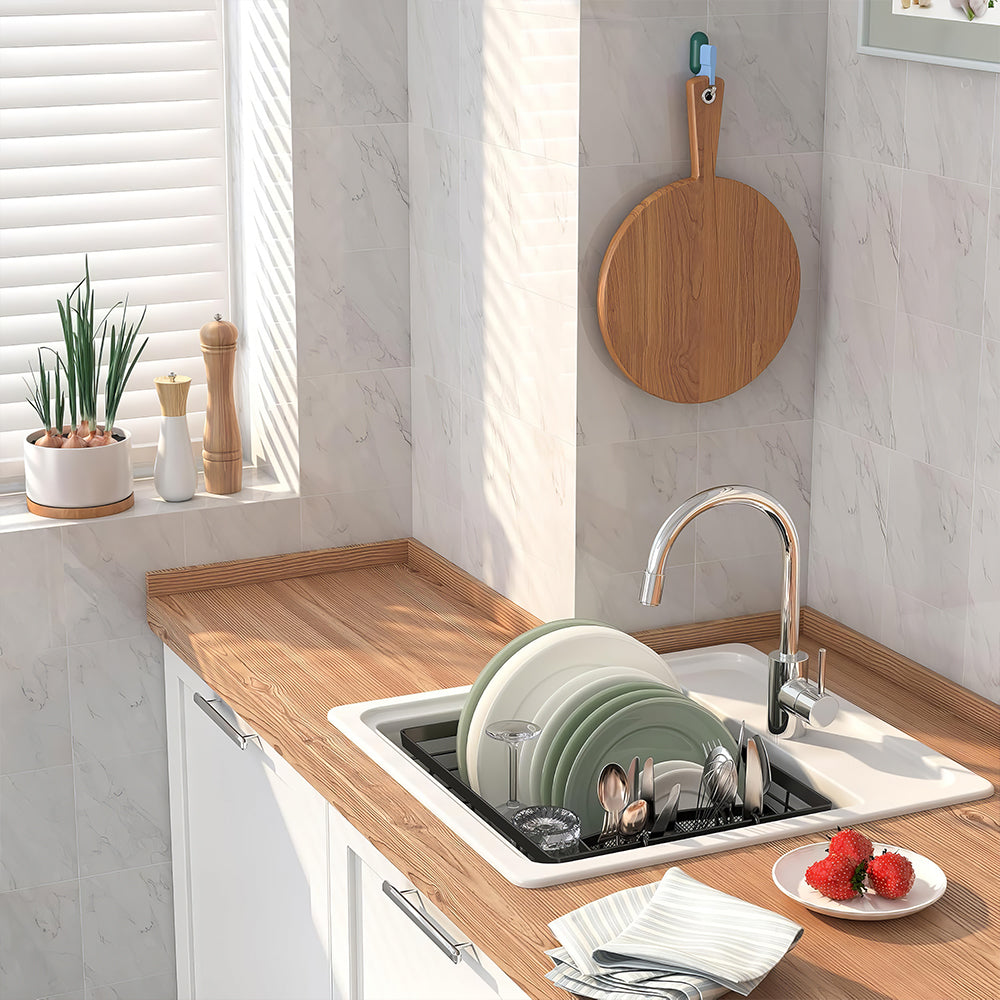 Metal Dish Drying Rack with Full-Mesh Utensil Holder, Compact Sink Drainer