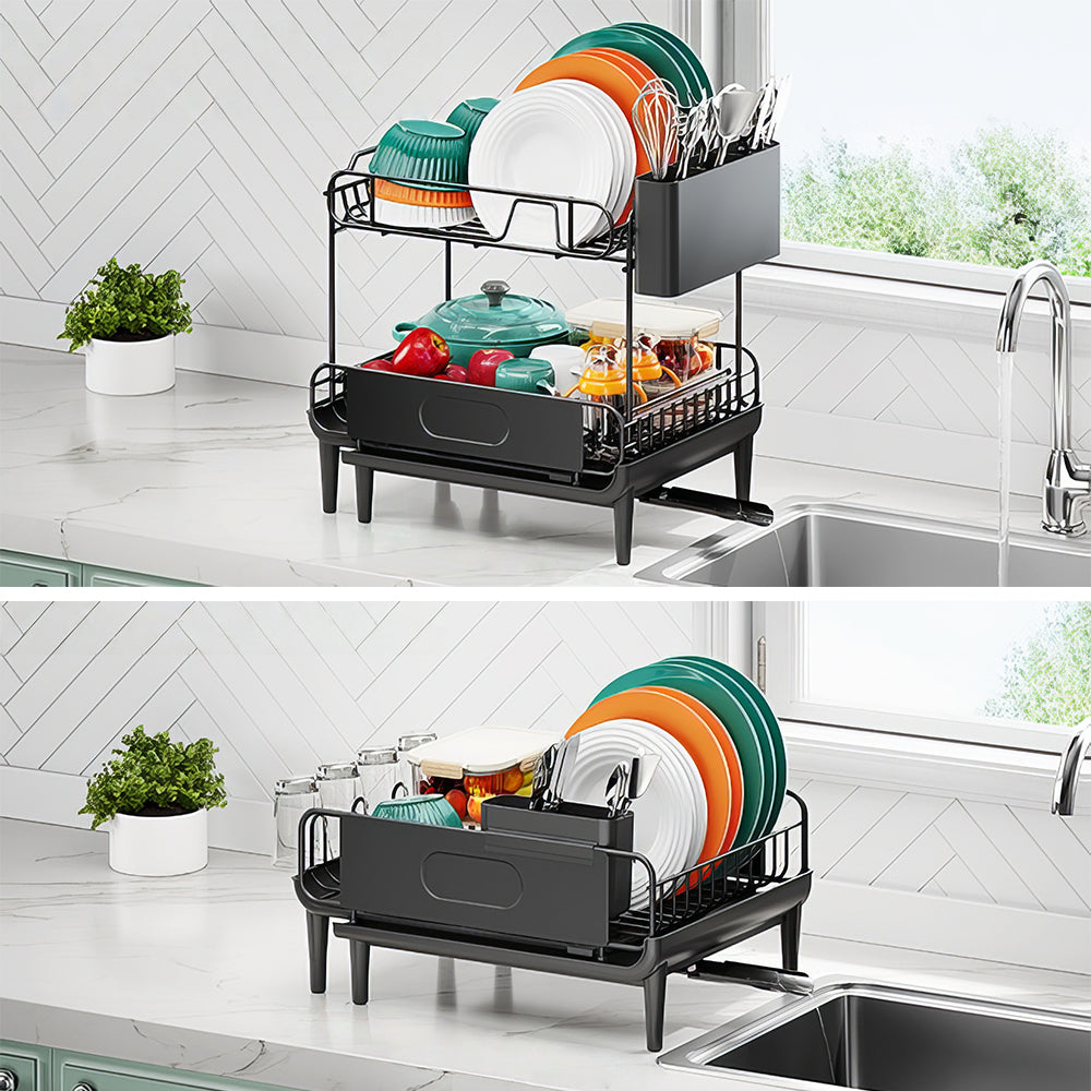 Extendable Dish Drying Rack with Drainboard & Utensil Holder