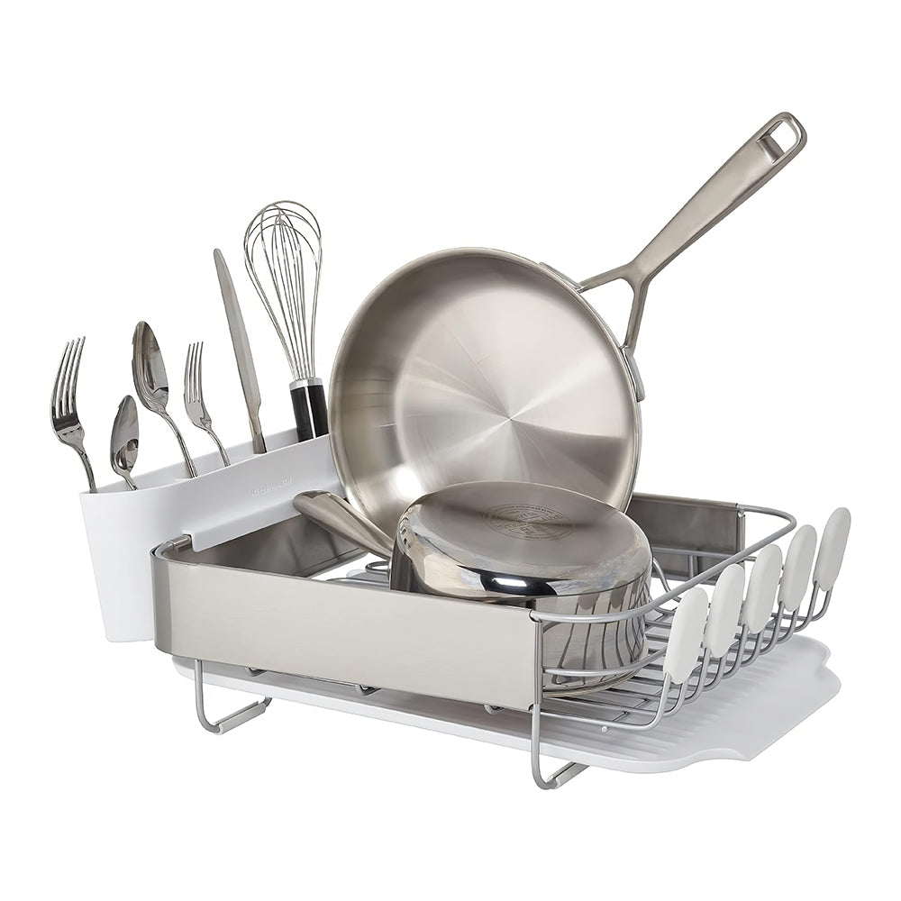 Compact Rust-Resistant Dish Drying Rack with Drainboard & Flatware Caddy