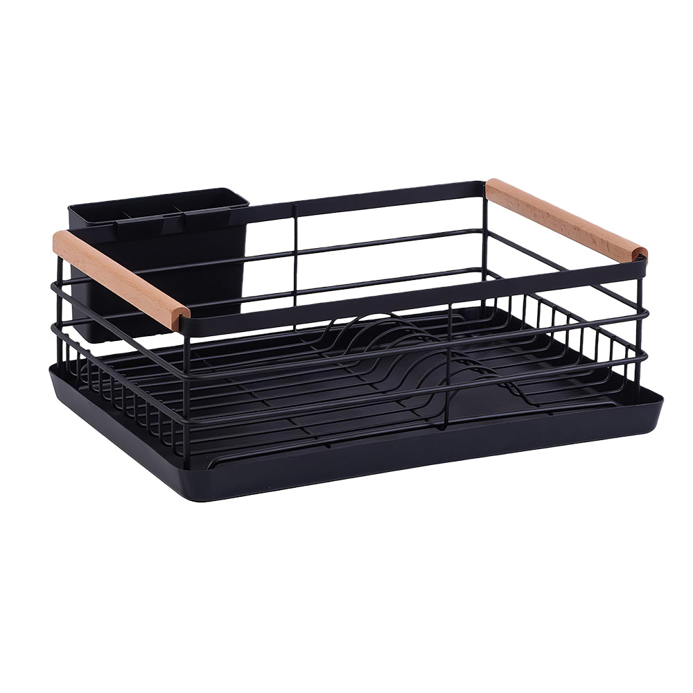 Stainless Steel Dish Drying Rack with Wooden Handles, Cutlery Holder & Drainboard