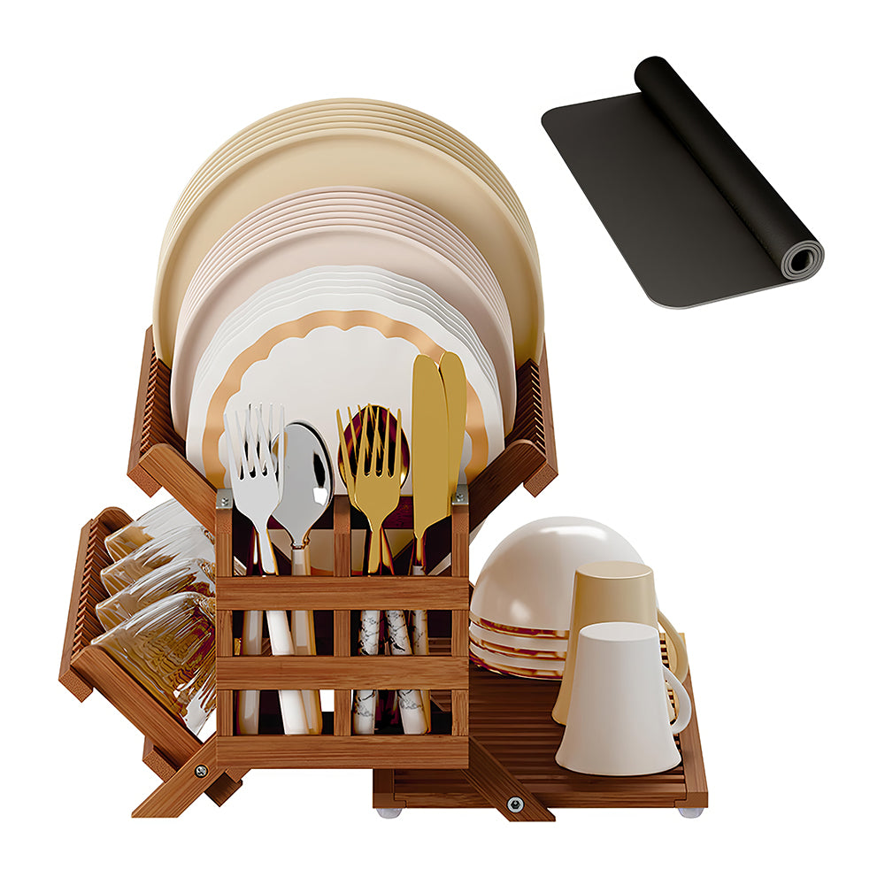3-Tier Bamboo Dish Drying Rack with Utensil Holder & Absorbent Mat, Foldable