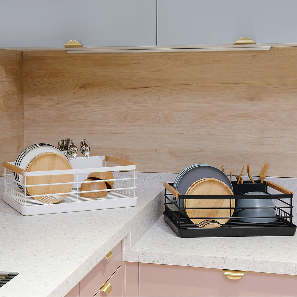 Stainless Steel Dish Drying Rack with Wooden Handles, Cutlery Holder & Drainboard