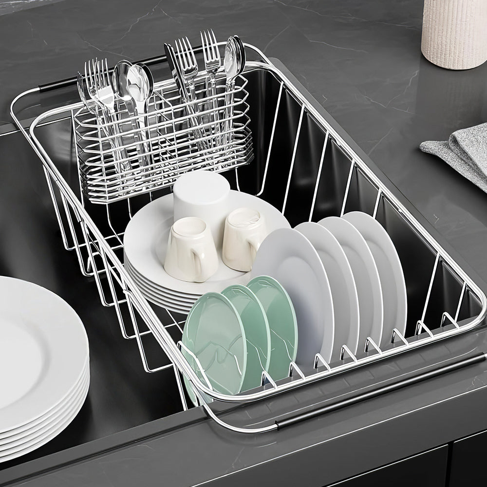 Adjustable Stainless Steel Over Sink Dish Drying Rack with Utensil Holder