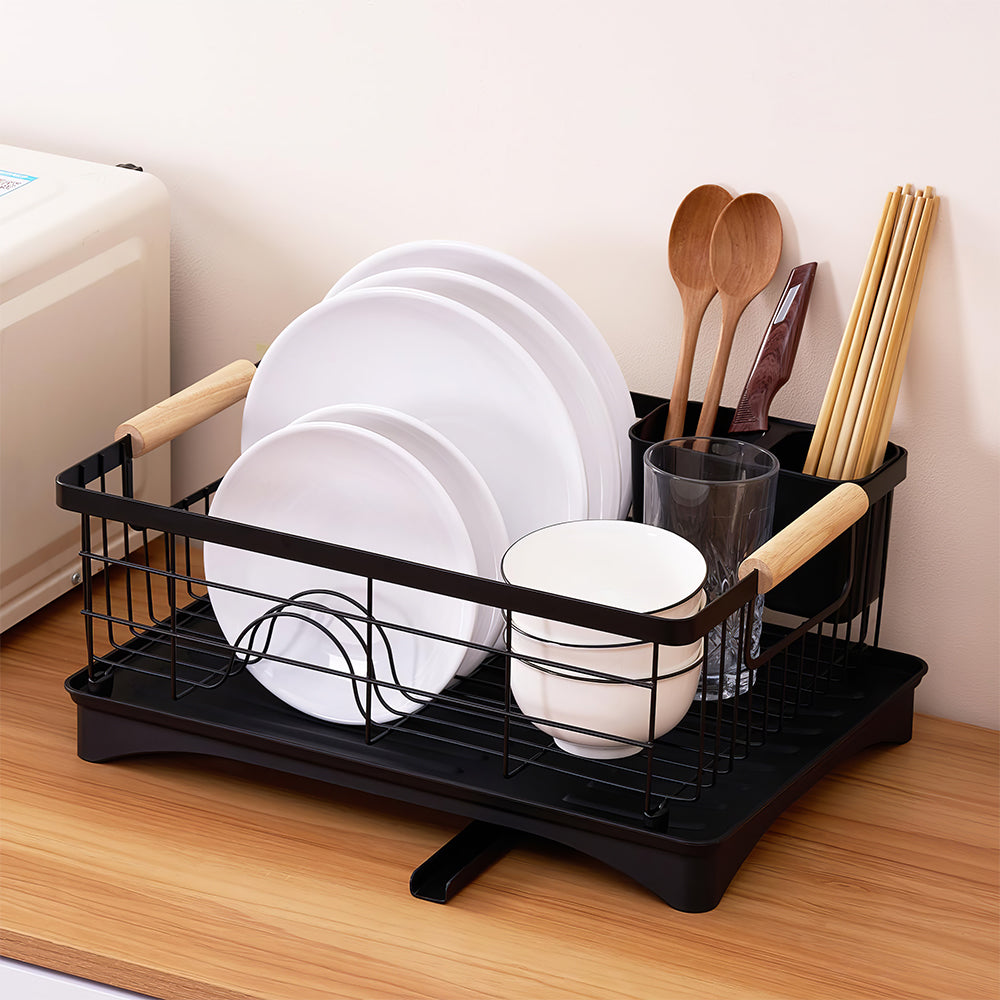 Black Dish Drying Rack with Beechwood Handles & Drain Spout, Countertop