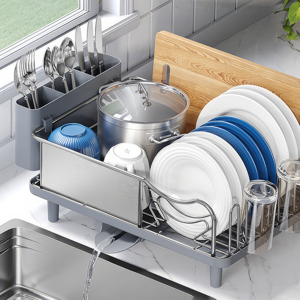 Stainless Steel Dish Drying Rack with Drainboard, Utensil Holder & Cup Shelf