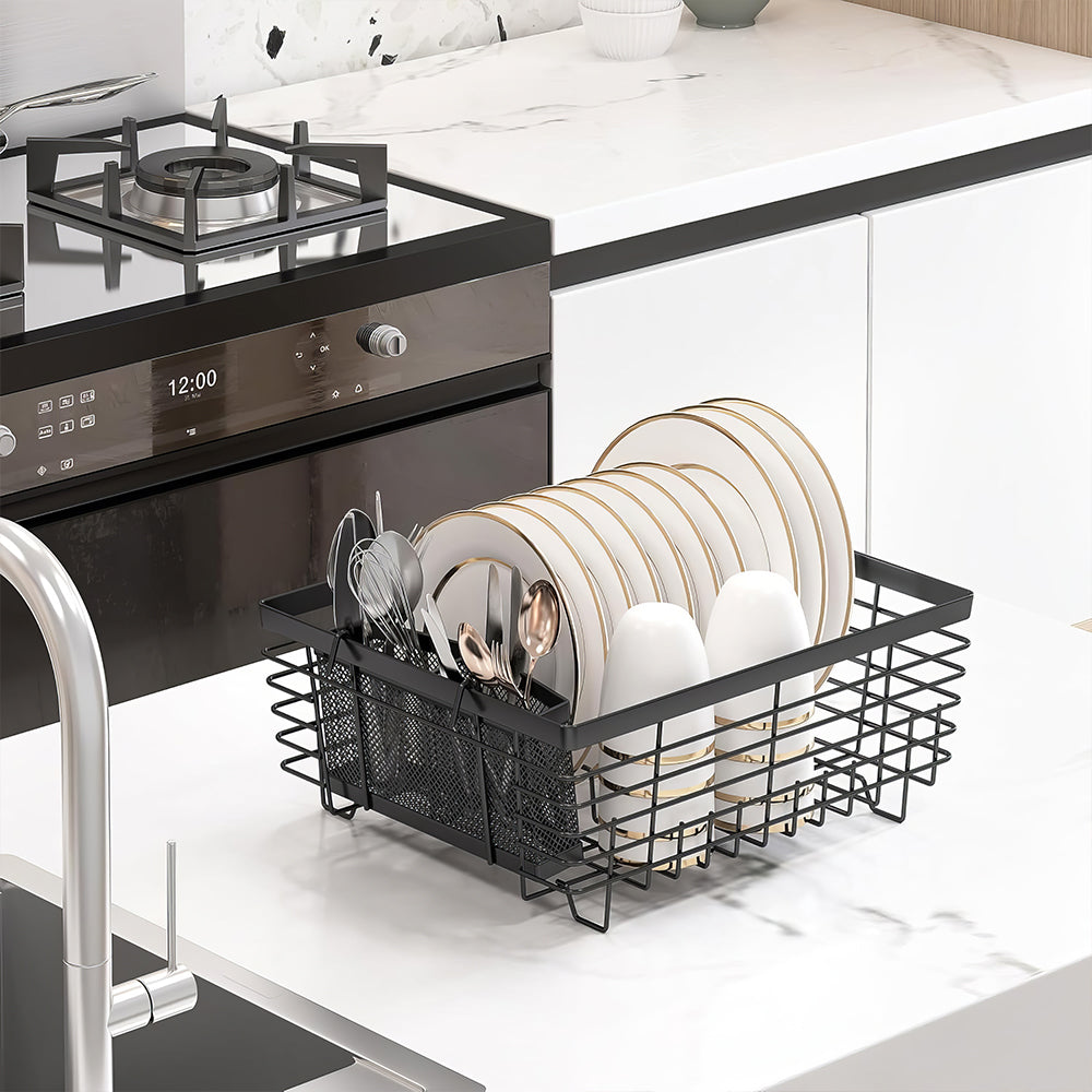 Metal Dish Drying Rack with Full-Mesh Utensil Holder, Compact Sink Drainer