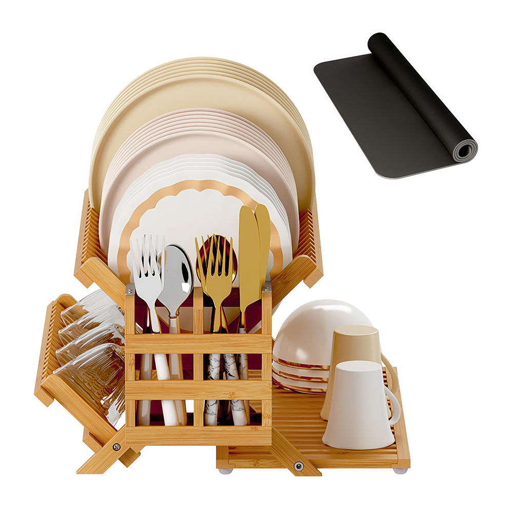 3-Tier Bamboo Dish Drying Rack with Utensil Holder & Absorbent Mat, Foldable