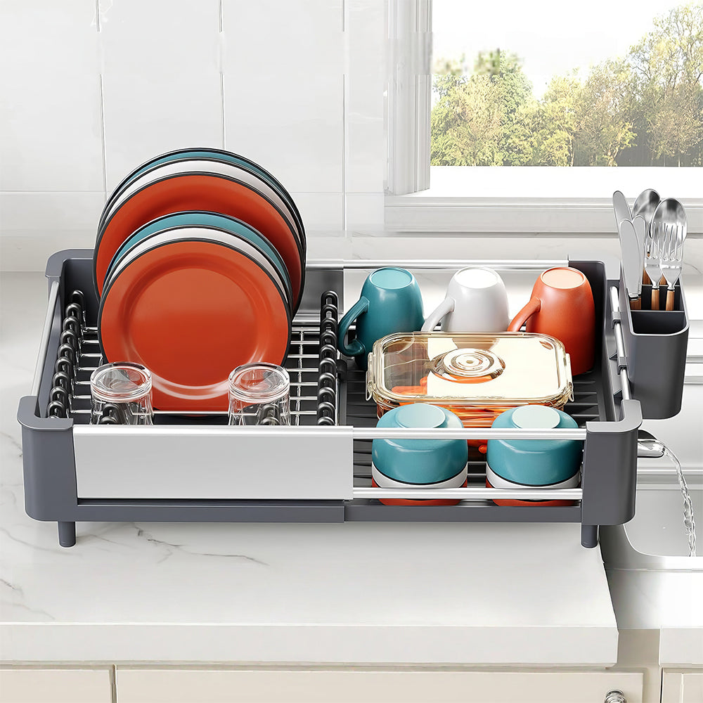 Extendable Dish Drying Rack with Drainboard & Cutlery Holder, Foldable Design