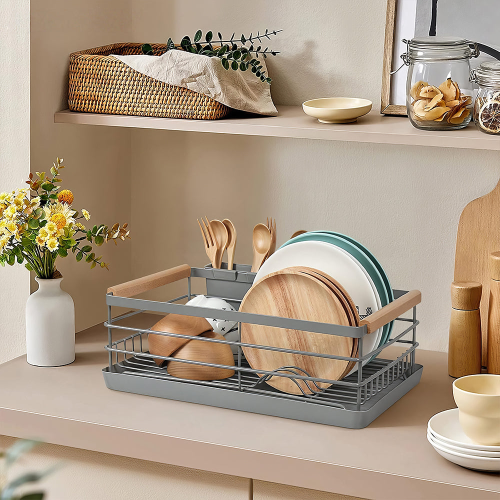 Stainless Steel Dish Drying Rack with Wooden Handles, Cutlery Holder & Drainboard