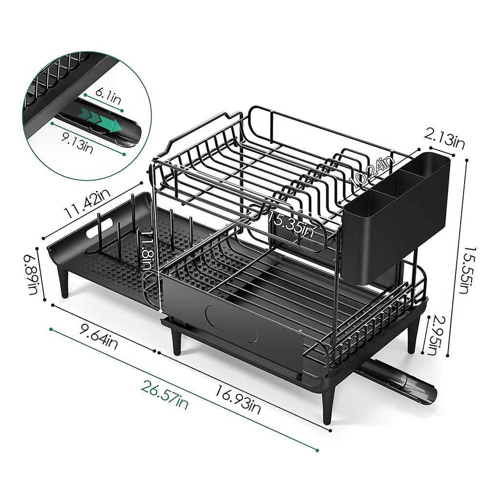Extendable Dish Drying Rack with Drainboard & Utensil Holder