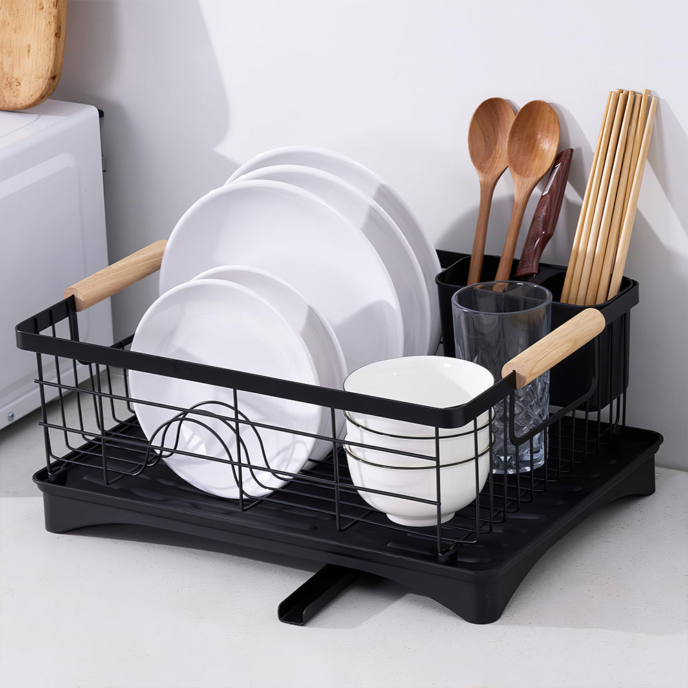 Black Dish Drying Rack with Beechwood Handles & Drain Spout, Countertop