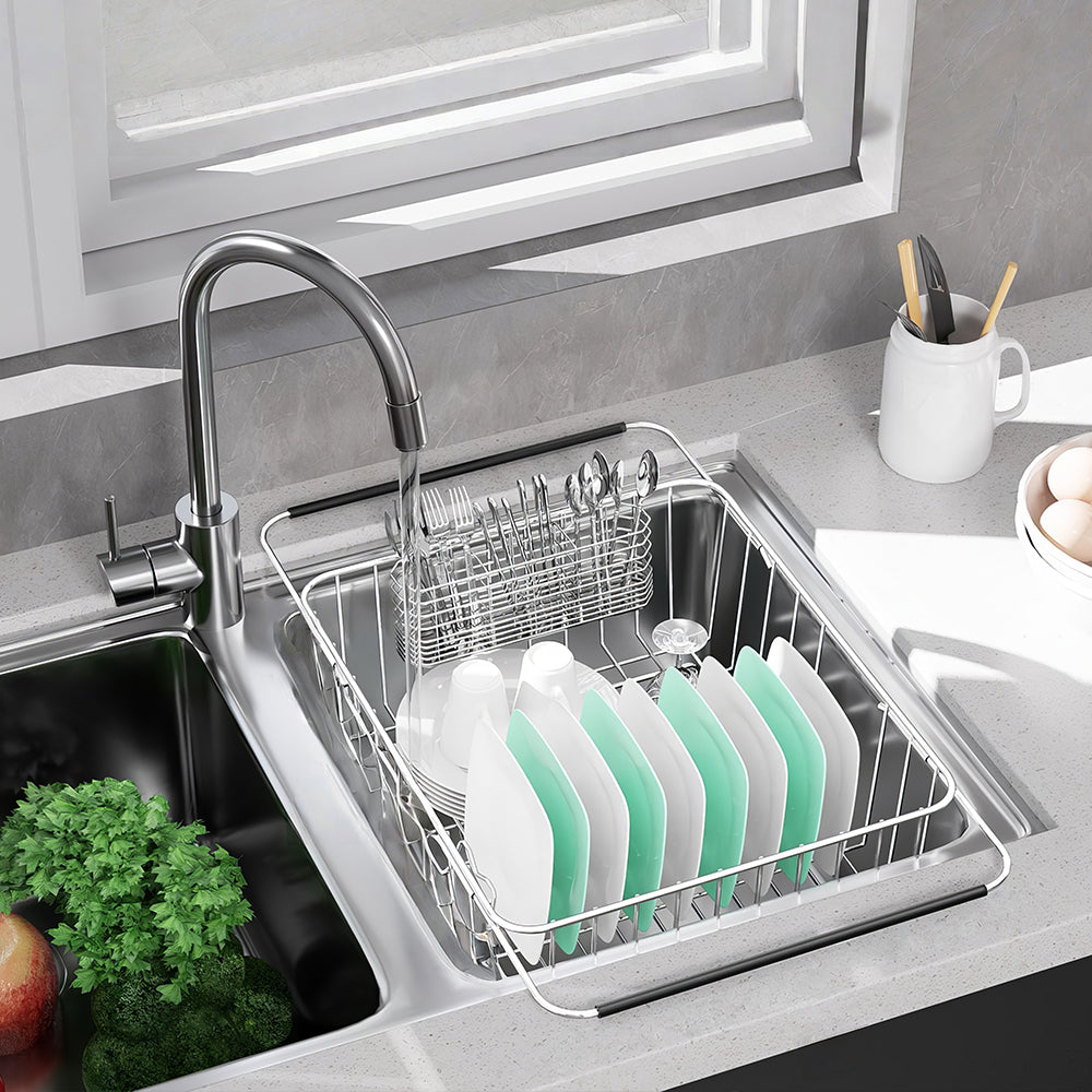 Adjustable Stainless Steel Over Sink Dish Drying Rack with Utensil Holder