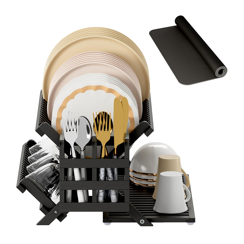 3-Tier Bamboo Dish Drying Rack with Utensil Holder & Absorbent Mat, Foldable