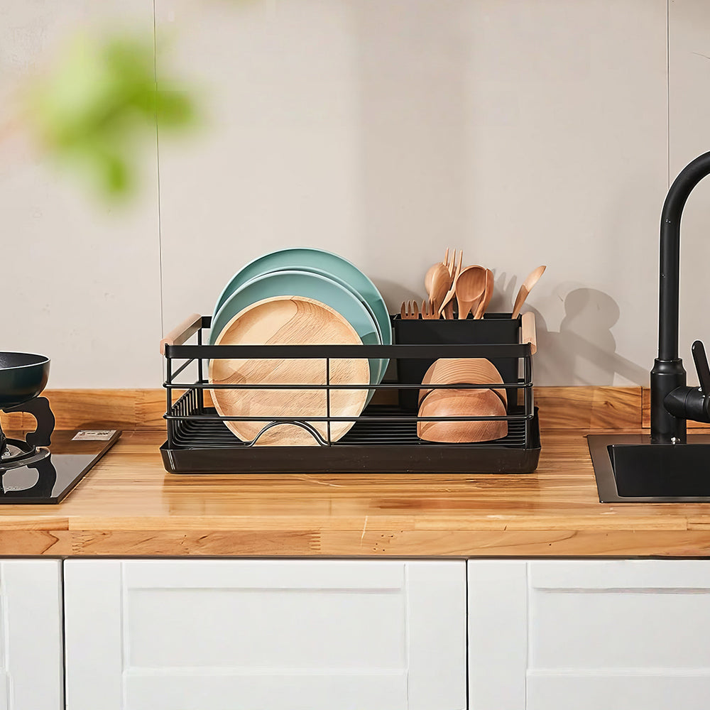 Stainless Steel Dish Drying Rack with Wooden Handles, Cutlery Holder & Drainboard