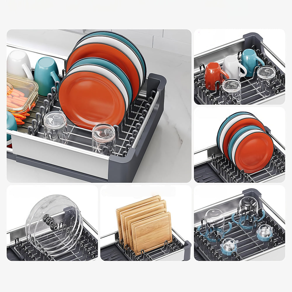 Extendable Dish Drying Rack with Drainboard & Cutlery Holder, Foldable Design