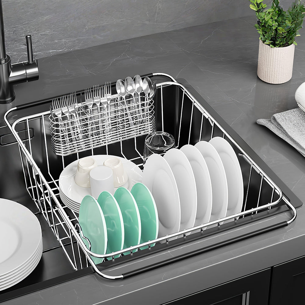 Adjustable Stainless Steel Over Sink Dish Drying Rack with Utensil Holder