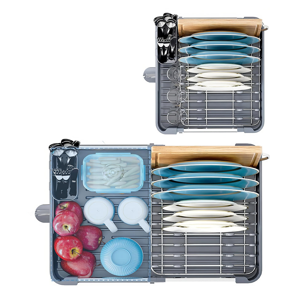 Stainless Steel Extendable Dish Drying Rack with Drainboard & Holder